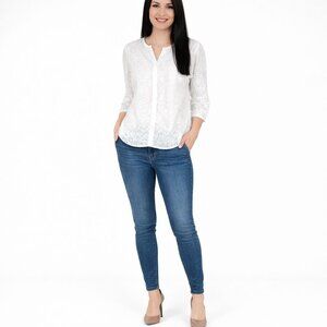 ZARA Basic White Small Floral Embroidered Blouse Button-Front 3/4 Sleeves